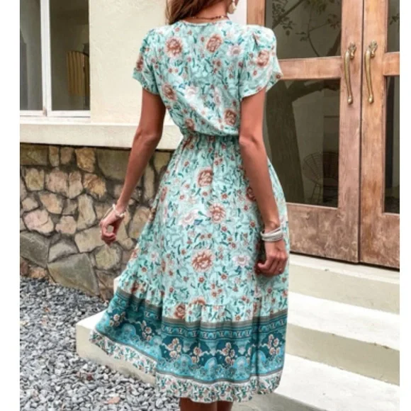 Boho floral print V neck ruffle hem dress - Picture 4 of 6